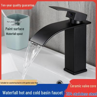 Nordic Black Waterfall Hot & Cold Bathroom Vanity Faucet, Anti-Splash for Countertop Basin