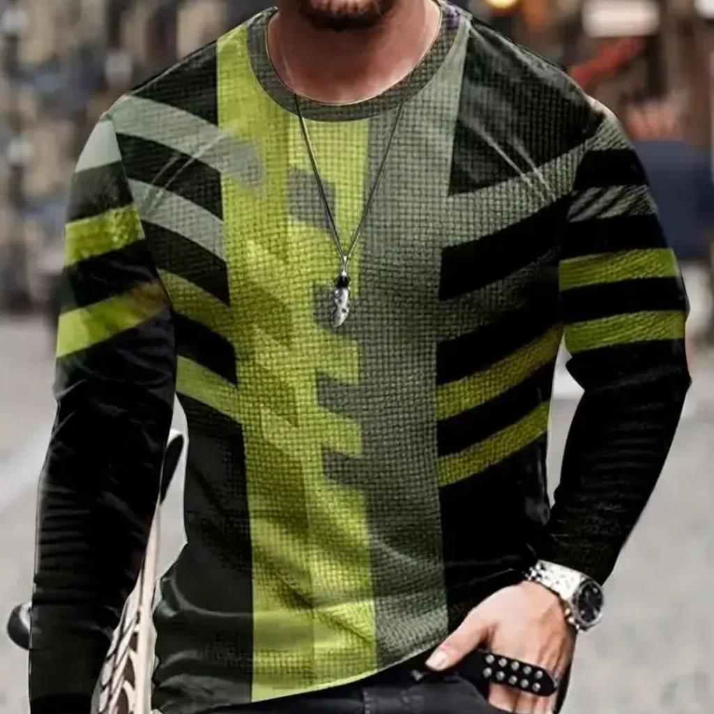 2024 Vintage Men's T-Shirt Color Block Long Sleeve 3D Clothing Print Harajuku Oversized Tops Men's Outdoor Jogging T-Shirt Tops