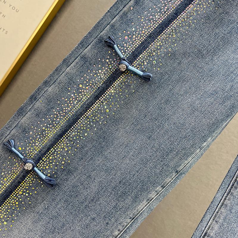 European Style Rhinestone Distressed High-Waisted Wide-Leg Women's Jeans - Spring 2026 Trendy Floor-Length Pants