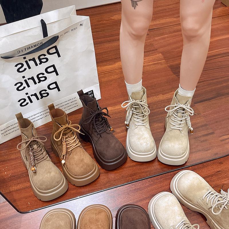 Retro thick-soled heightening Martin boots women's autumn new fashion Maillard slim short boots lace-up big yellow boots