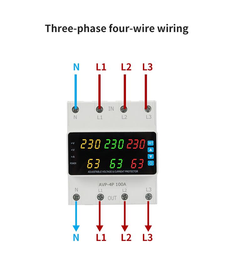 Three-Phase Digital Voltage Protector with 6-Display ATS, Overcurrent Protection, 63A/100A Capacity, 230V.