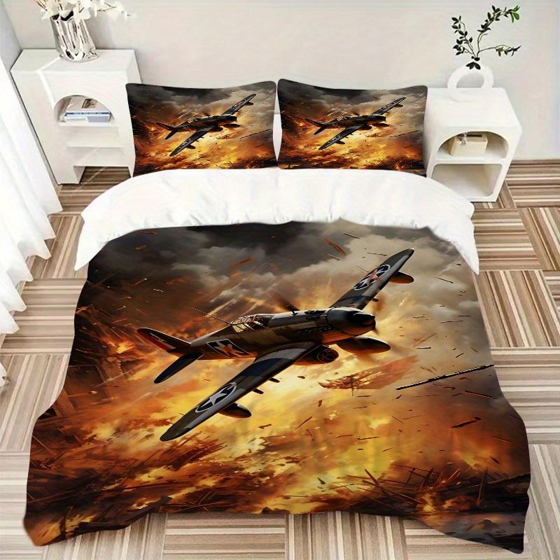 3pcs Warplane 1Cover + 2Pillowcases, PillowInserts NotIncluded, Machine Washable, All - Season Use, Suitable for Bedroom Guest Room44