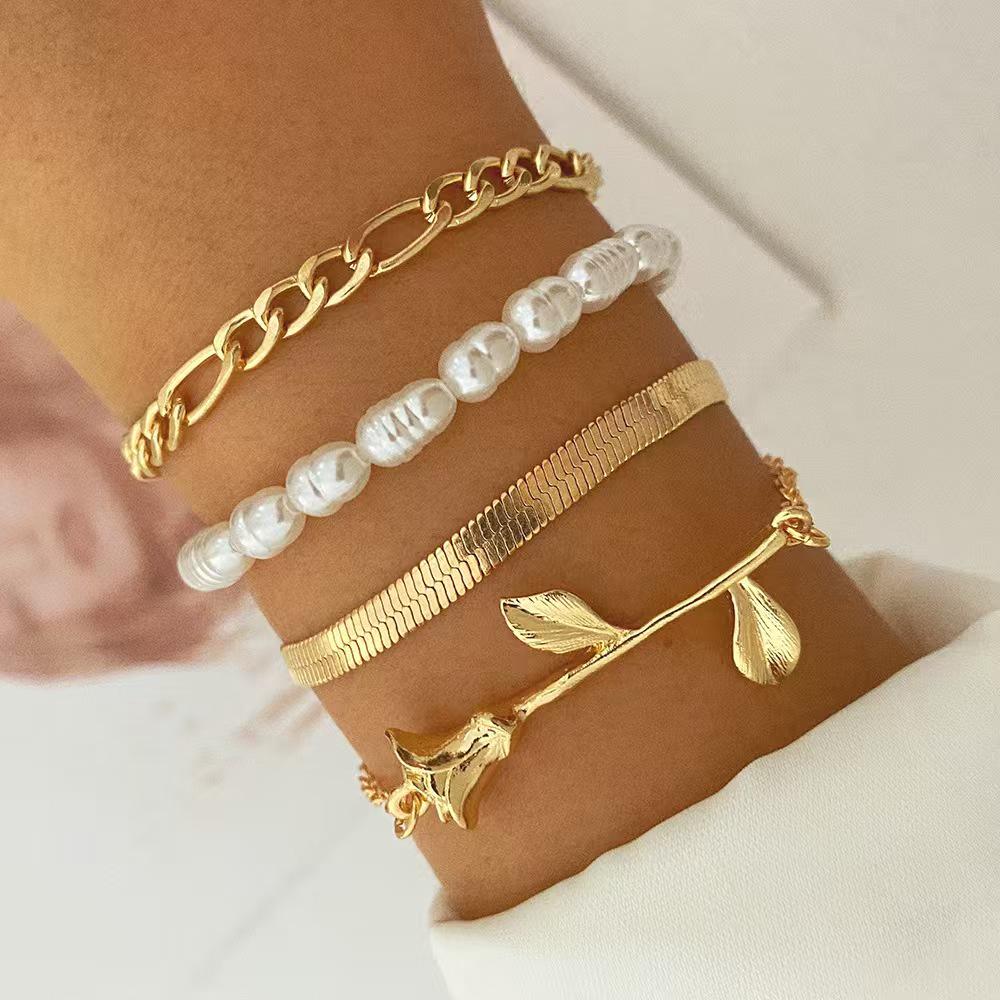 Versatile Pearl & Heart Chain Bracelet Set - Unisex Punk Retro Style