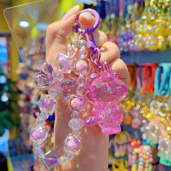 Beaded Keychain Macaron Color Beads Sparkling Mobile Phone Chain Bag Hanger with Transparent Colorful Pendants Anti-Lost Charm Accessories