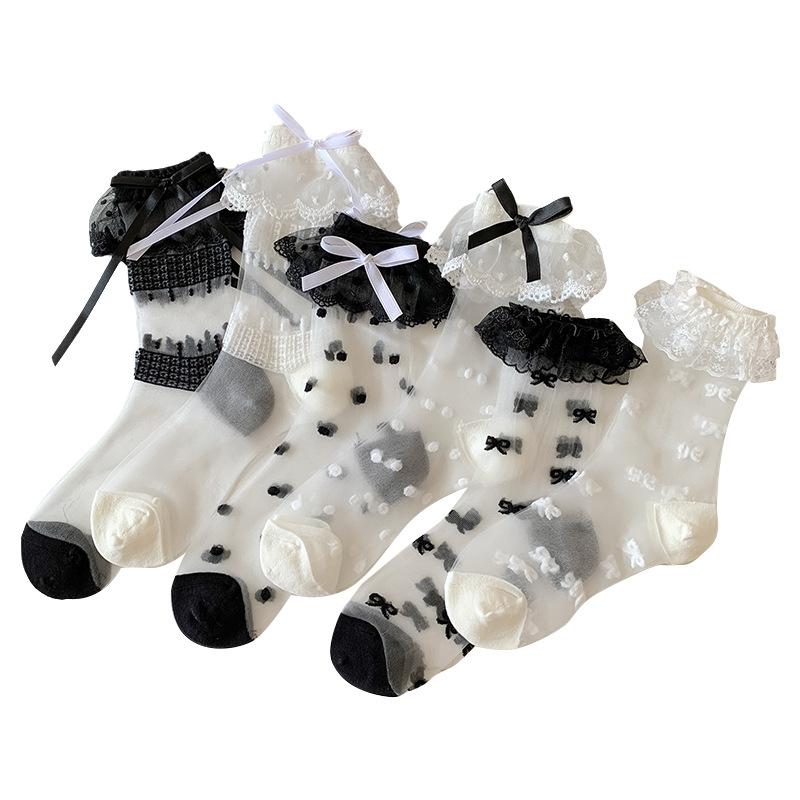 Glass Stockings, Thin Lace-trimmed Mid-calf Socks for Children In Spring and Summer, Sweet Bow Polka Dot Lolita Pile Socks
