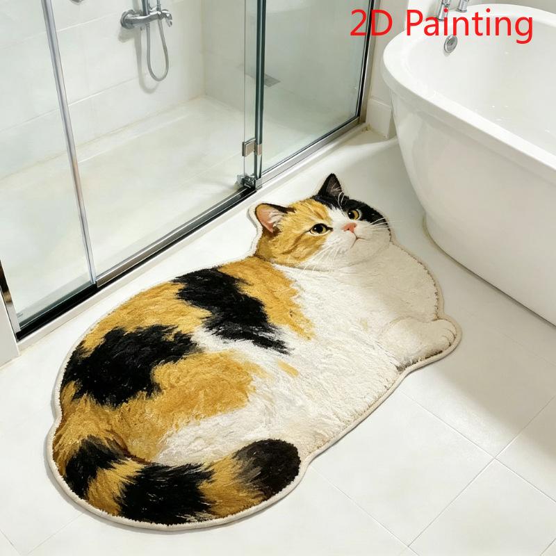 Irregular Shaped Realistic Cat Area Rug, Absorbent Non-Slip Plush Floor Mat, Cute Cartoon Cat Decor Carpet for Bathroom Entryway, Multi Styles