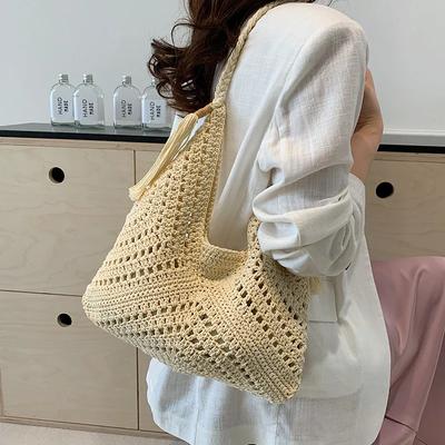 Damen Sommer Fashi Handtaschen Damen Freizeit Häkeln Ausgeschnitten Strand Urlaubs Taschen Weiblich Künstlerischer Stil Grasgewebte Umhängetasche
