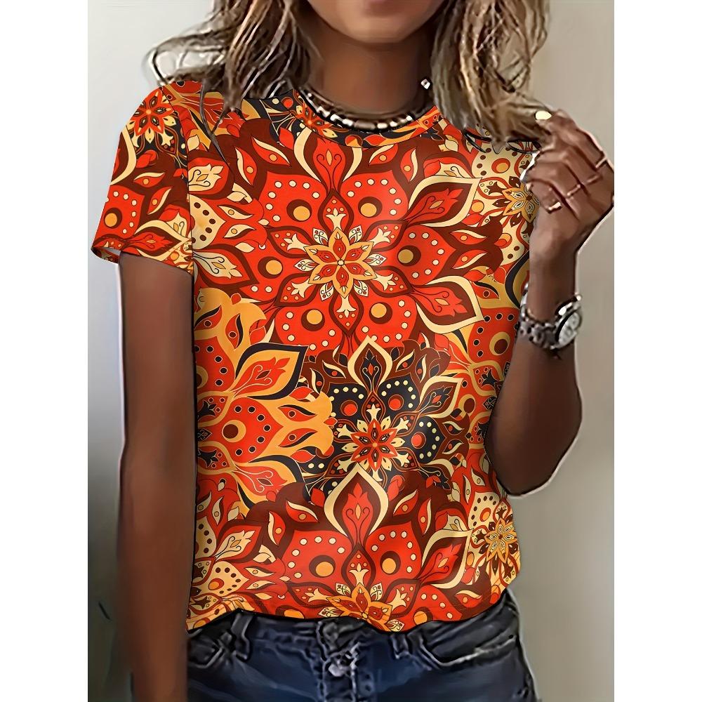 Summer Fashion Women's T-shirt Beautiful Flower Pattern Printed T-shirt Round Neck Short Sleeve Regular Top Women's T-shirt
