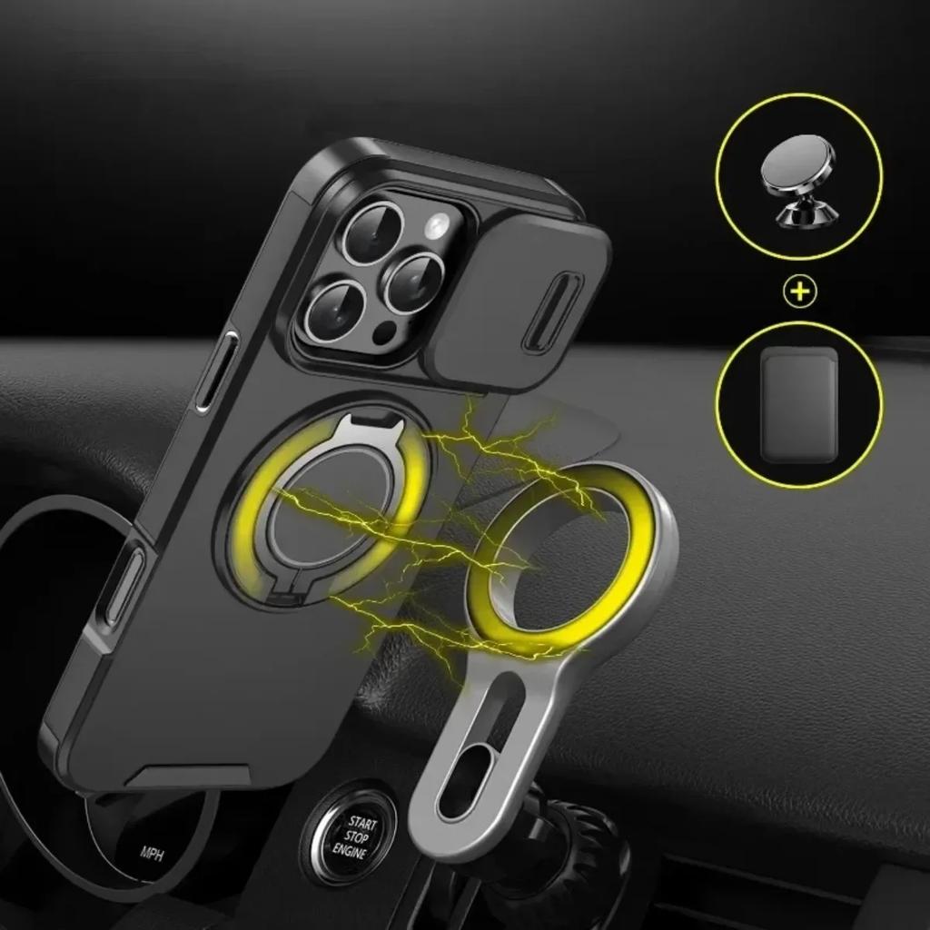 Armor Magnetic Ring Stand Holder Slide Window with Wrist Strap Phone Case for iPhone 16 15 13 12 11 14 Pro Max Plus Bumper Cover