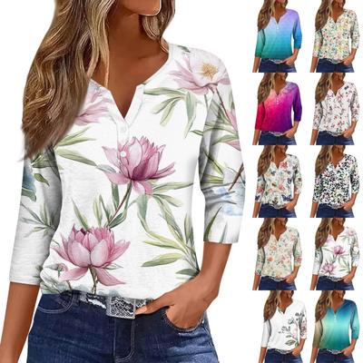 Women's Fashion Casual Printed V-Neck Short Sleeve Decorative Button Three-quarter Sleeve T-Shirt Top
