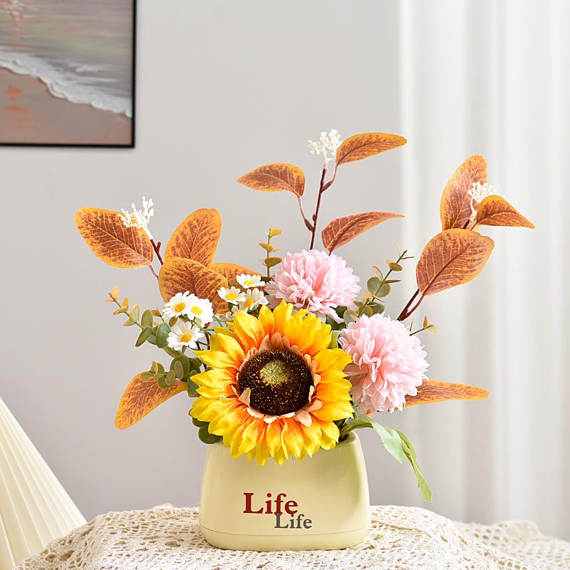 Sunflower Artificial Flower Arrangement - Small Potted Plants & Plastic Bouquets for Living Room and Dining Table Decor