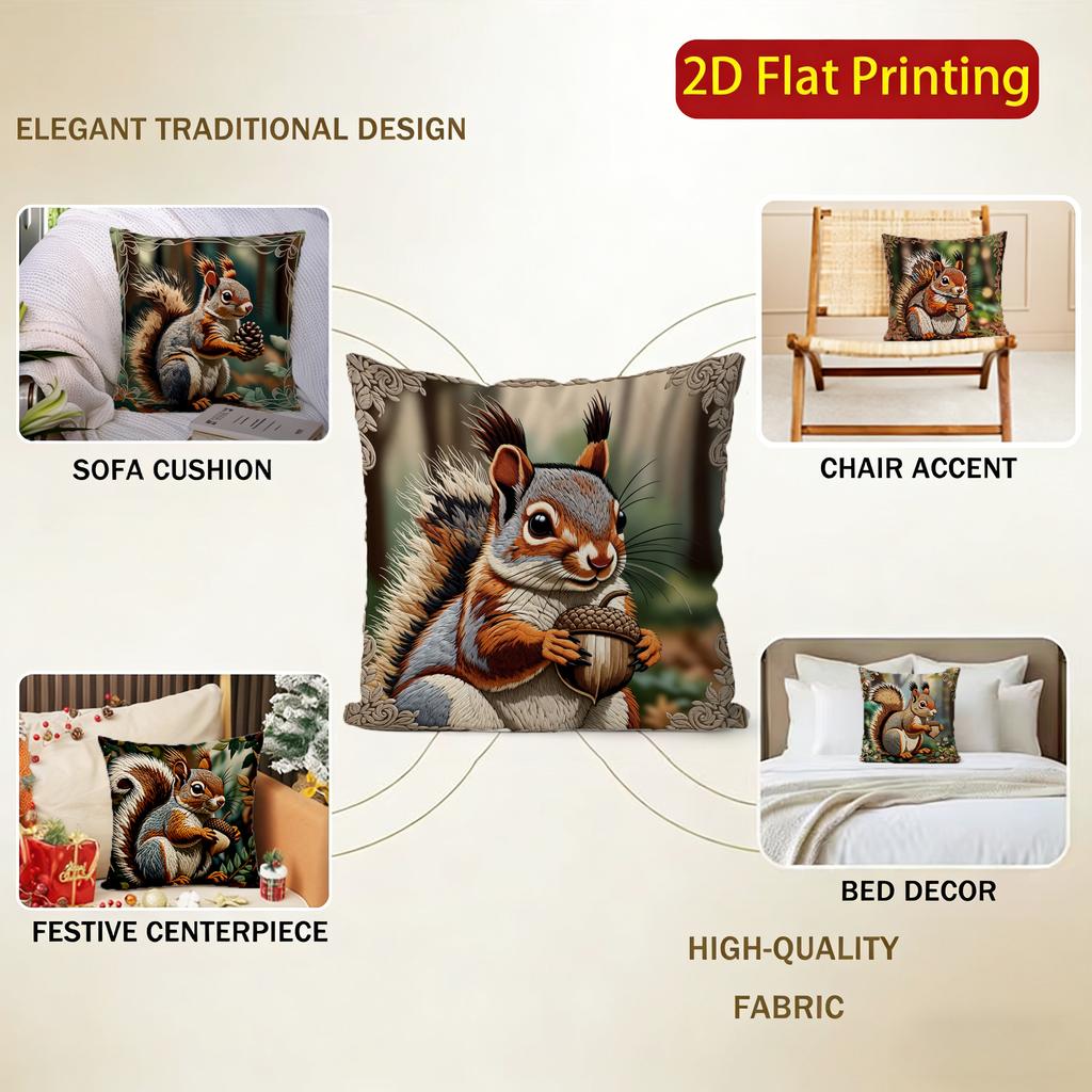 2D Cute Squirrels Holding Nuts Pillow Covers Pattern Cushion Cover Suitable For Sofa Bedroom Car Pillow Cover