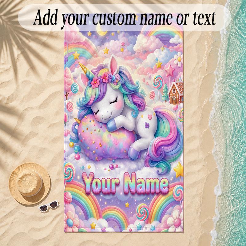Unicorn Theme Soft Beach Towel Personalized Custom Name Text Towel Portable for Beach Pool Travel