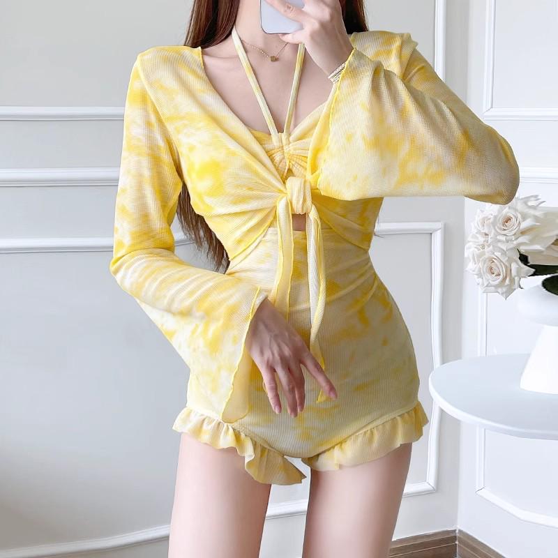 2025 Stylish Smudge-Print Whitening Swimwear: Women's Long-Sleeve, One-Piece, Two-Piece & Blouse for Sun Protection, Students, Hot Springs, Summer