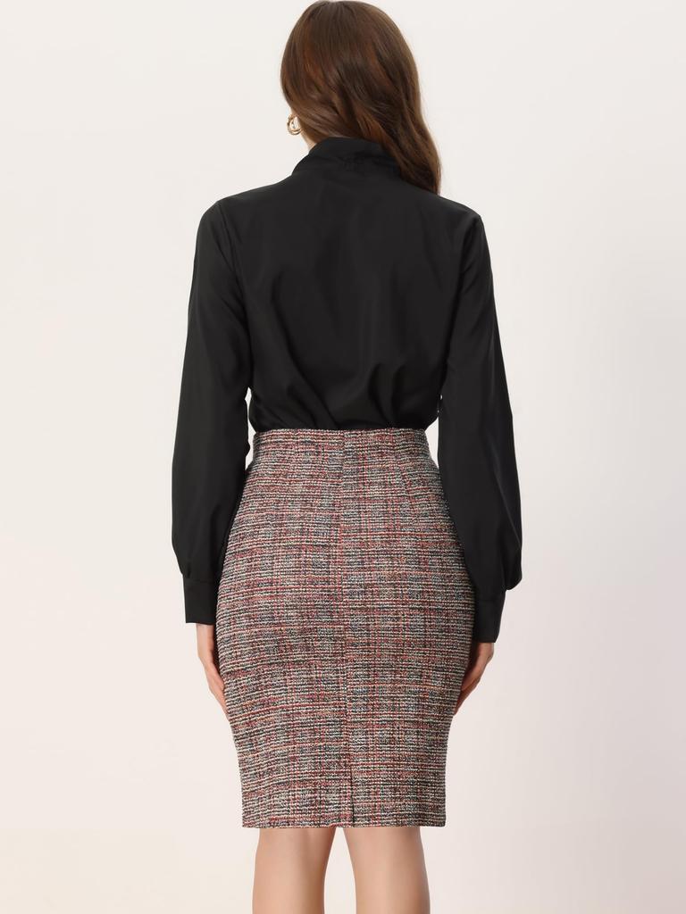 Allegra K Tweedrock, Karomuster, Hochtailliert, Büro-Stil, Bleistift-Stil, Knielang, Figurbetont, Damen, Bordeaux, Größe XL
