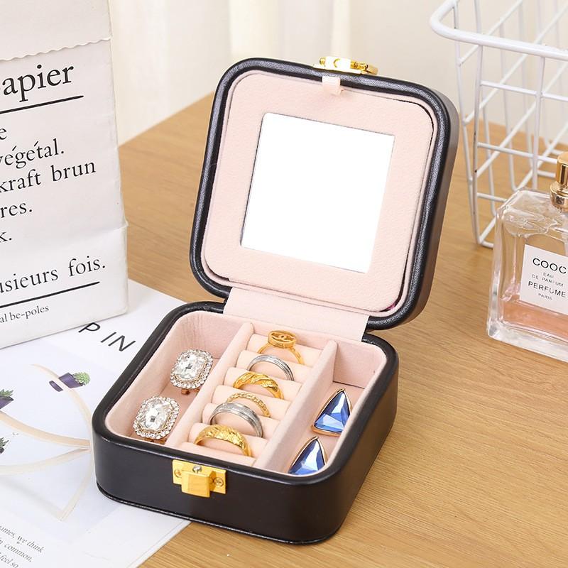 Compact PU Jewelry Box With Mirror Lid Mini Ring Earring Organizer Gift Case Modern Minimalist Style