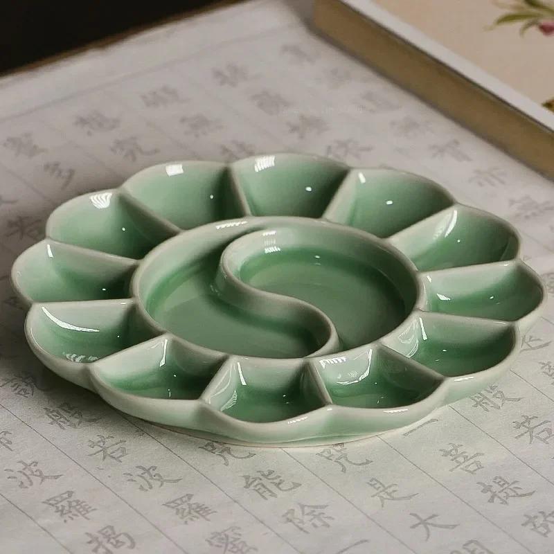 

Hand-made Celadon Palette Plum Blossom Watercolor Pallet Jingdezhen Ru Kiln High-quality Ceramic Plate/Pen Holder Art Supplies