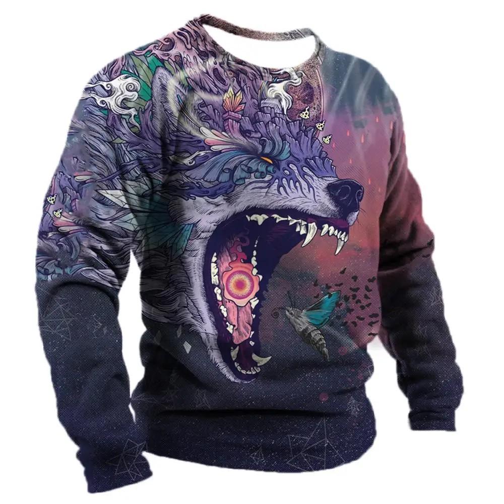 Men's Spring And Autumn Personality Retro Animal Wolf 3d Printed Round Neck Long Sleeve T-Shirt Casual Loose Breathable Jumper