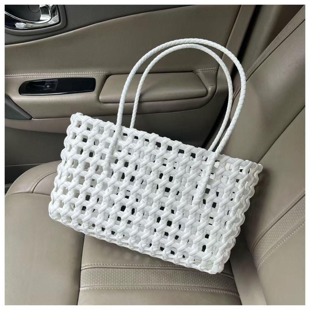 Hand-Woven PVC Shoulder Bag: French-Style Basket for Beach or Market