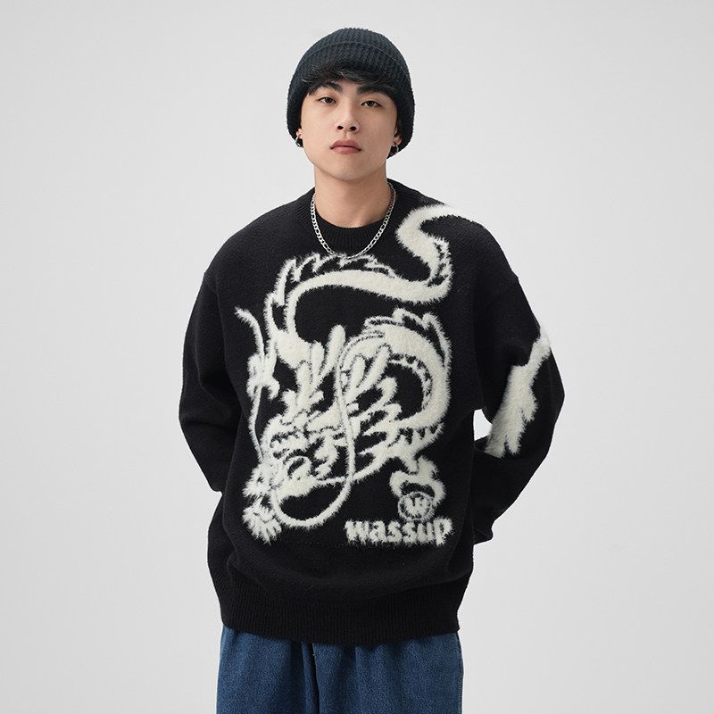 Wassup Heods Year of the Dragon Limited Edition Trendy Brand Knitted Sweater for Men, Autumn and Winter Warm Loose-Fitting Couple's Red Top