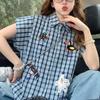 ZANZEA Women Casual Turn Down Collar Short Sleeve Loose Plaid Print Blouse
