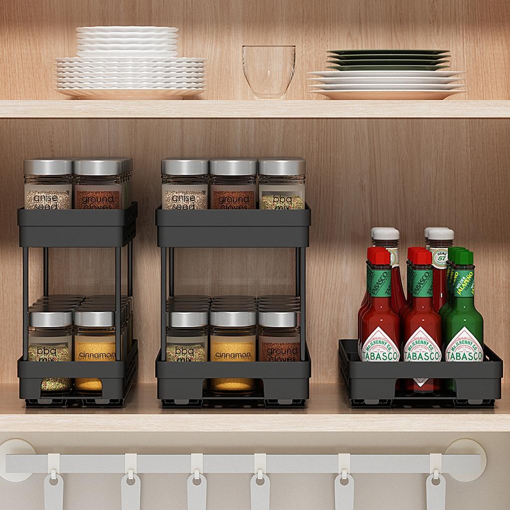 WORTHBUY 2 Tier Seasoning Bottle Sliding Storage Rack Cabinet Multipurpose Drawer Organizer Shelf Plastic Kitchenware Spice Rack