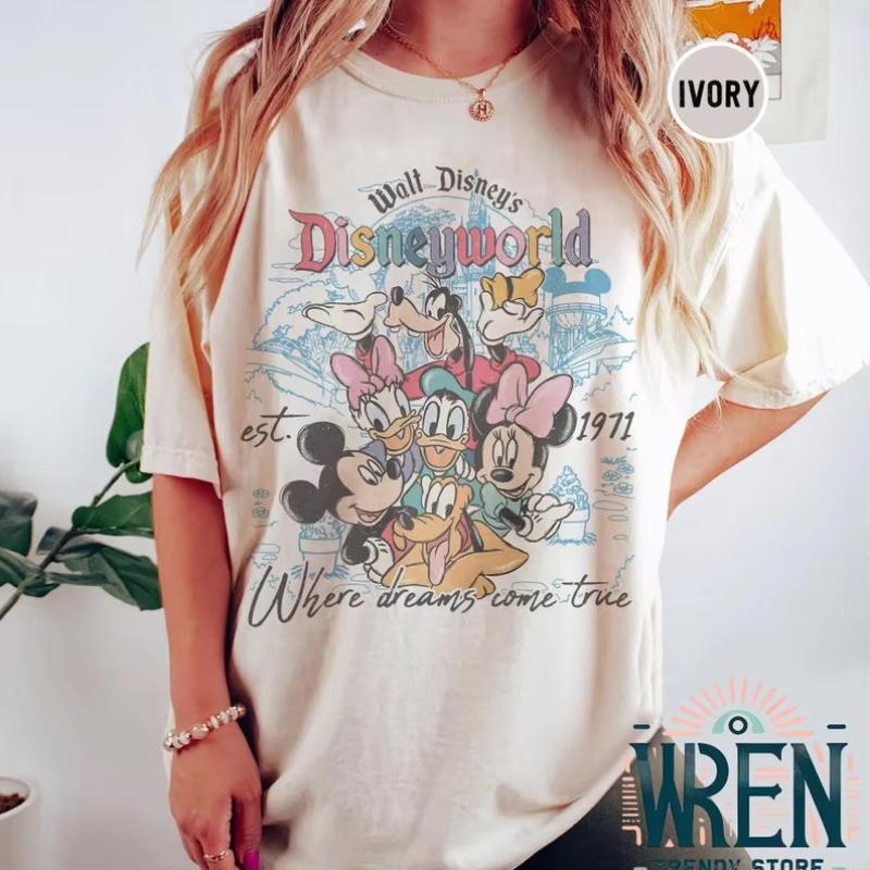 Vintage Walt Mickey Mouse Minnie and Goofy world Est 1971 Shirt Family Vacation 2025 Tee Unisex Women Tops S