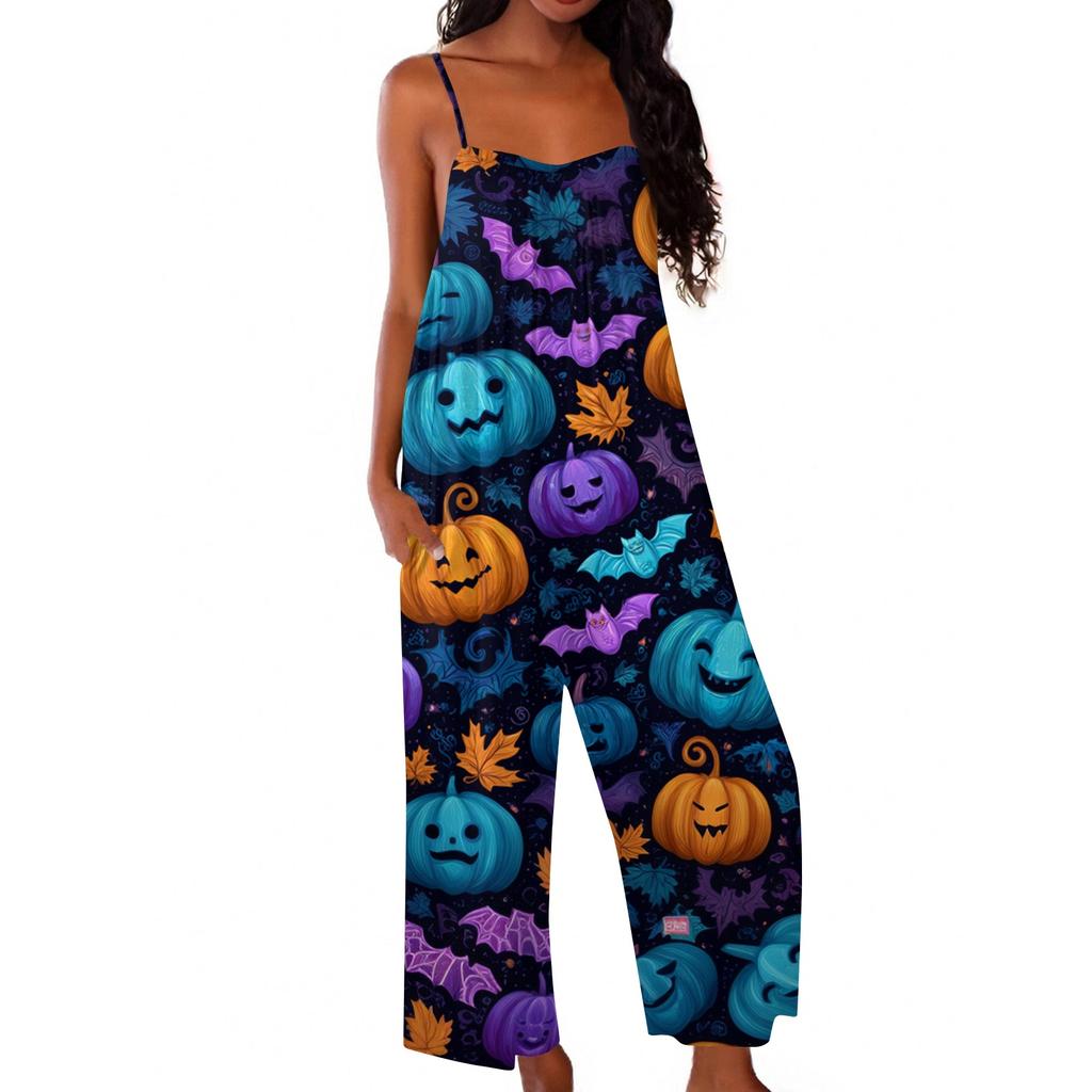Womens Halloween Print Casual Loose Fit Jumpsuit Spaghetti Strap Wide Leg Romper One Piece Outfit for Everyday Wear