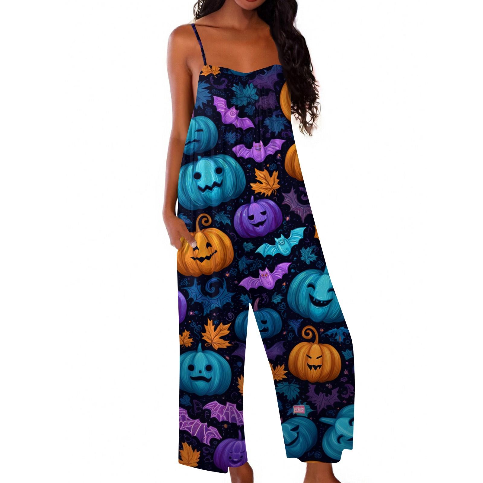 Women s Halloween Print Casual Loose Jumpsuit Romper XXL