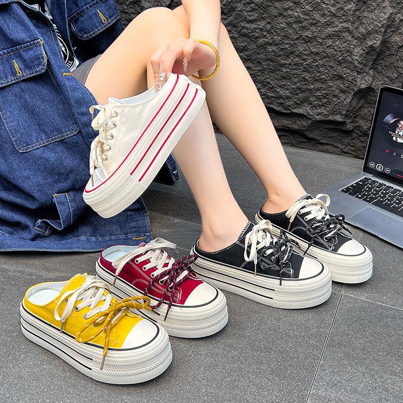 Thick-soled heightening half-tray espadrilles women's 2025 summer new one-pedal versatile flat-bottomed lightweight breathable board shoes women