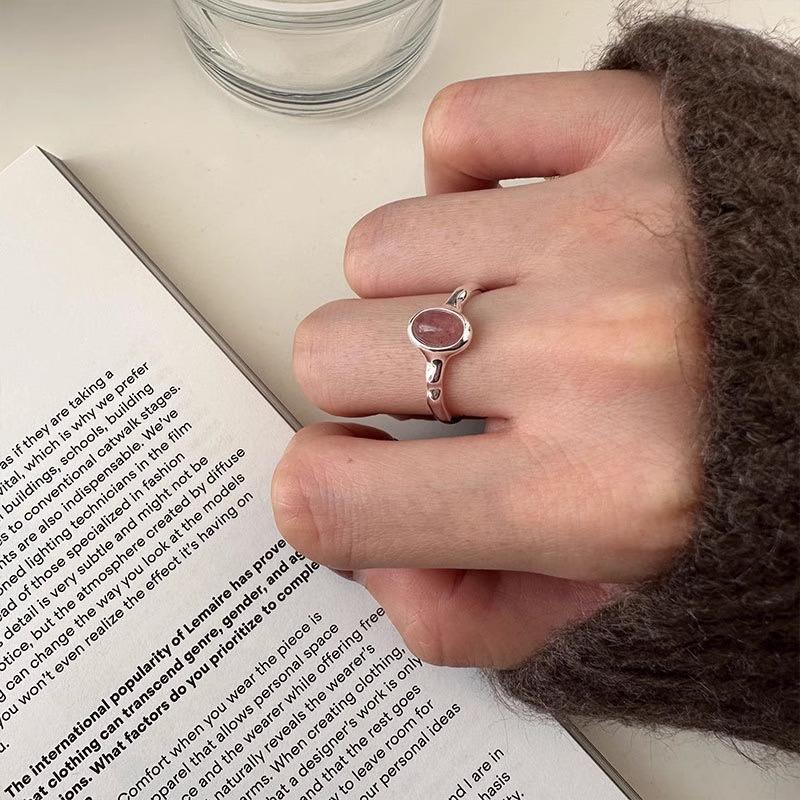 Pink Stylish Geometric Strawberry Crystal Ring For Women Elegant Adjustable Statement Jewelry