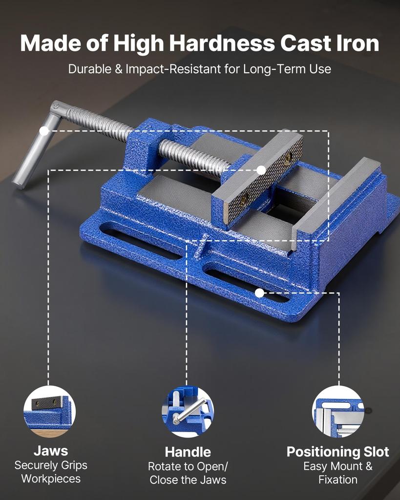 VEVOR Drill Press Vise, 4 Inch Jaw Width, Portable Bench Vise, Slotted Base for Easy Installation, Durable Cast Iron Construction, Workbench Vice