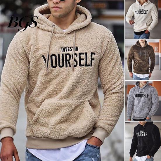 Plus Size Winter Hoodie Letter Pattern Hooded Hat Long Sleeves Pullover Soft Drawstring Plush Embroidery Men Autumn for Daily Wear
