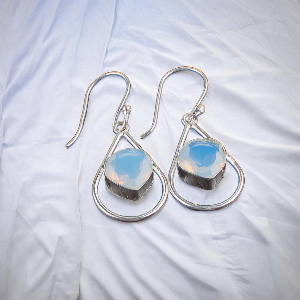 Genuine Milky Opal Gemstone 925 Sterling Silver Designer Jewelry Earrings 1.50" EE-38-15
