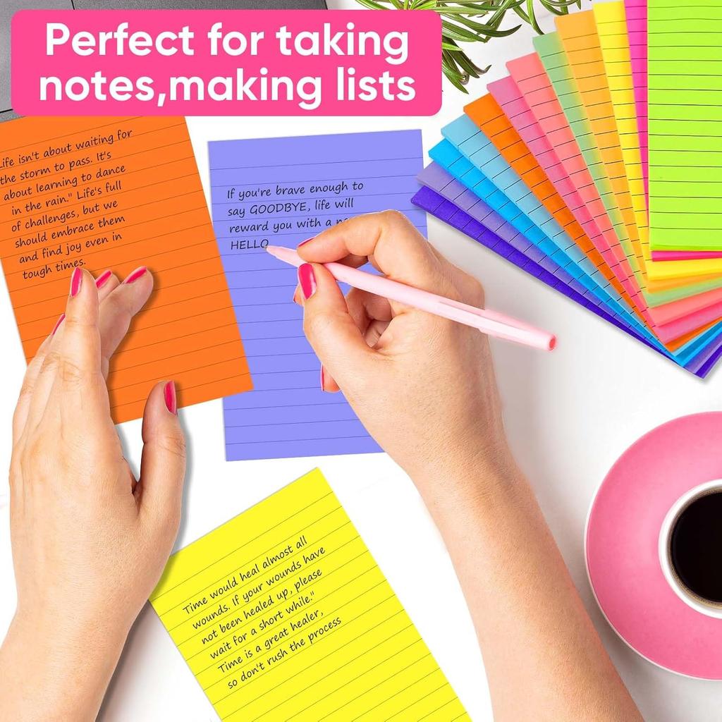 (12 Pack) Lined Sticky Notes 4x6 Inch, 12 Bright Colors - Sticky Note with Lines, Strong Adhesive & No Residue - Large Sticky Notes Thick Paper, for