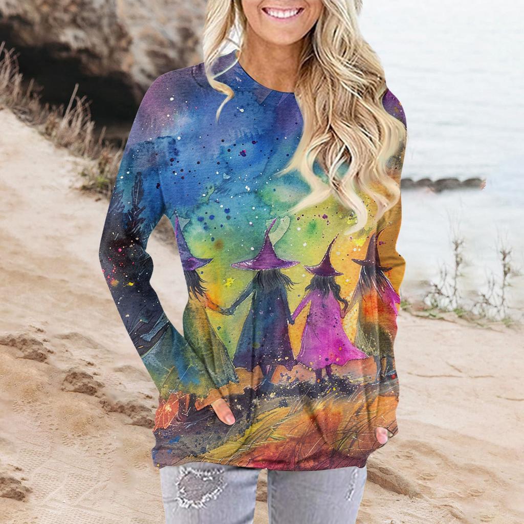 Damenmode Lässig Rundhals Print Langarm Tasche T-Shirt Top