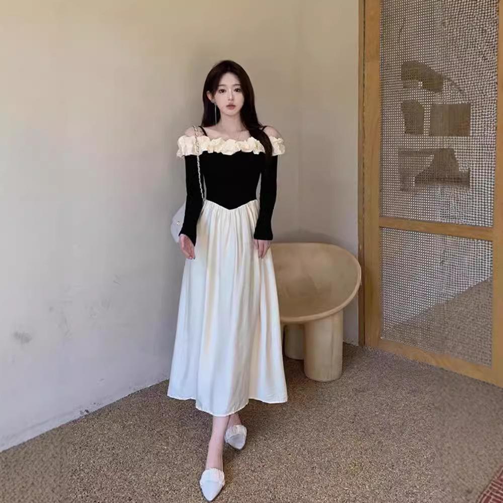 One-word Neck Splicing Contrasting Color Suspender Dress Women's Spring Season New French Sense Slim Waist Temperament Long