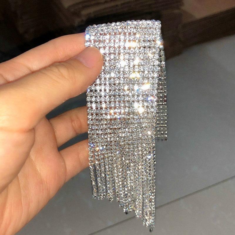 Hot Sale Full CZ Cubic Zirconia Wide Long Tassel Strand Bracelets for Women Silver Plated Copper Accessories Wholesale