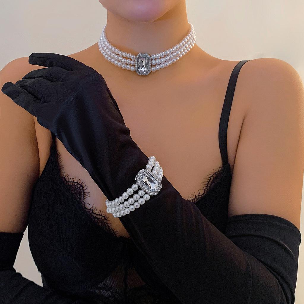 French Elegant Multi-Layer Imitation Pearl Necklace, Light Luxury Beaded Gemstone Necklace Set