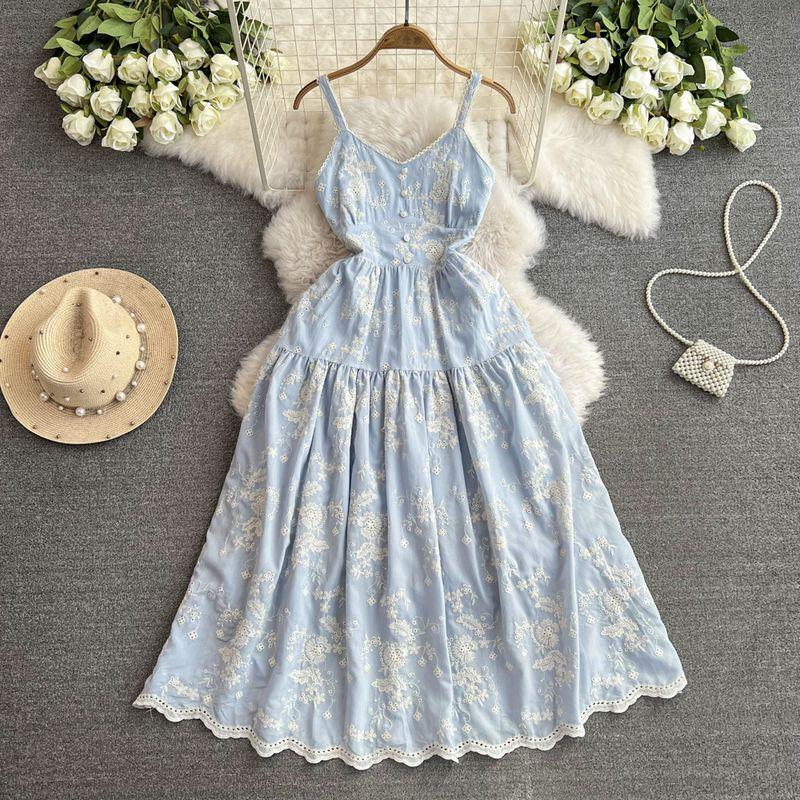 

Bohemia Vacation Style Beach Dress with Suspenders Women s Summer Wear New Arrival Sweet Gentle Machine Embroidery High Waist Dress Blue M
