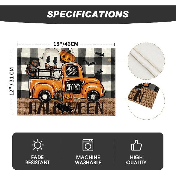 Artoid Mode Buffalo Plaid Bat Ghost Truck Spooky Halloween Placemats Set of 4, 12x18 Inch Seasonal Table Mats for Party Kitchen Dining Decoration