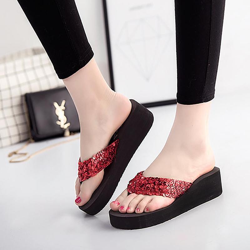 2024 Women Summer Sequins Flip Flops Woman Beach Bohemian Slippers Ladies Platform Mid Heels Shoes Sapato Feminino 785kj