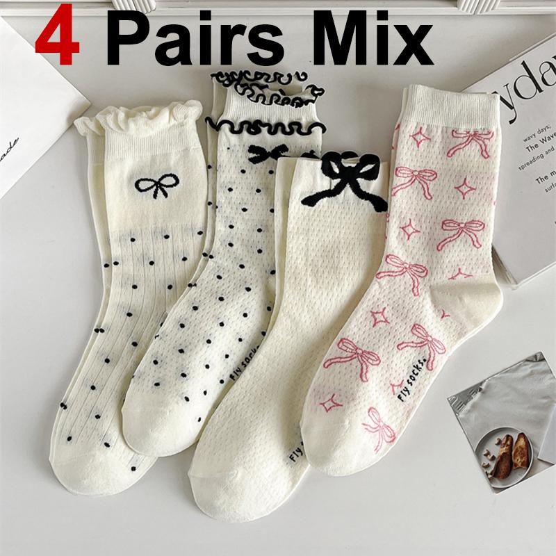 

4 пары женских носков средней длины с бантом, летние легкие, впитывающие пот, дышащие, мягкие, удобные, повседневные носки One Size