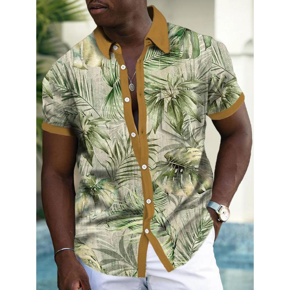 Neue Hawaii Frühling/Sommer Mode Freizeit Straßenbummel Tourist Strand Bedrucktes Voll Offen Kurzarm Knopfhemd, Schneller Versand 5XL beige