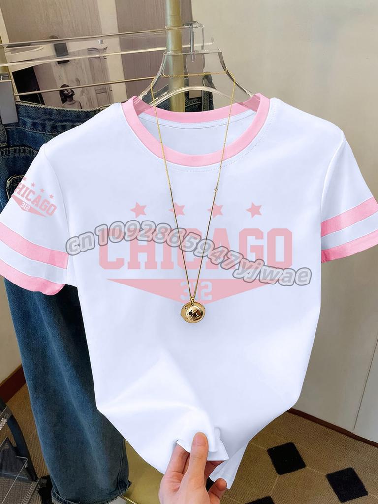 2026 Womens Short Sleeve Color-Block CHICAGO NO.32 Print Y2k T Shirt Girl Round Neck Tee Outdoor Sports Adult Women's T-Shirt