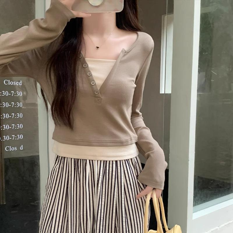 Spice Girl Shoulder Long Sleeve T-Shirt Women's Early Autumn Design Sense Splicing Fake Two Pieces Slim V-Neck Contrast Color Versatile On Clothes