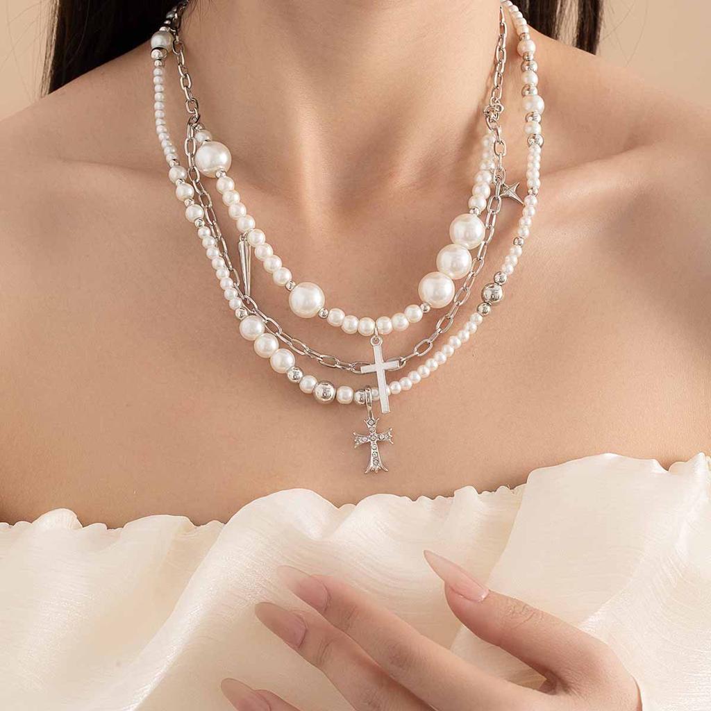 French Light Luxury Sweet Necklace Multi-Layer Pearl Cross Beaded Neck Chain Girlish Temperament High-End Necklace