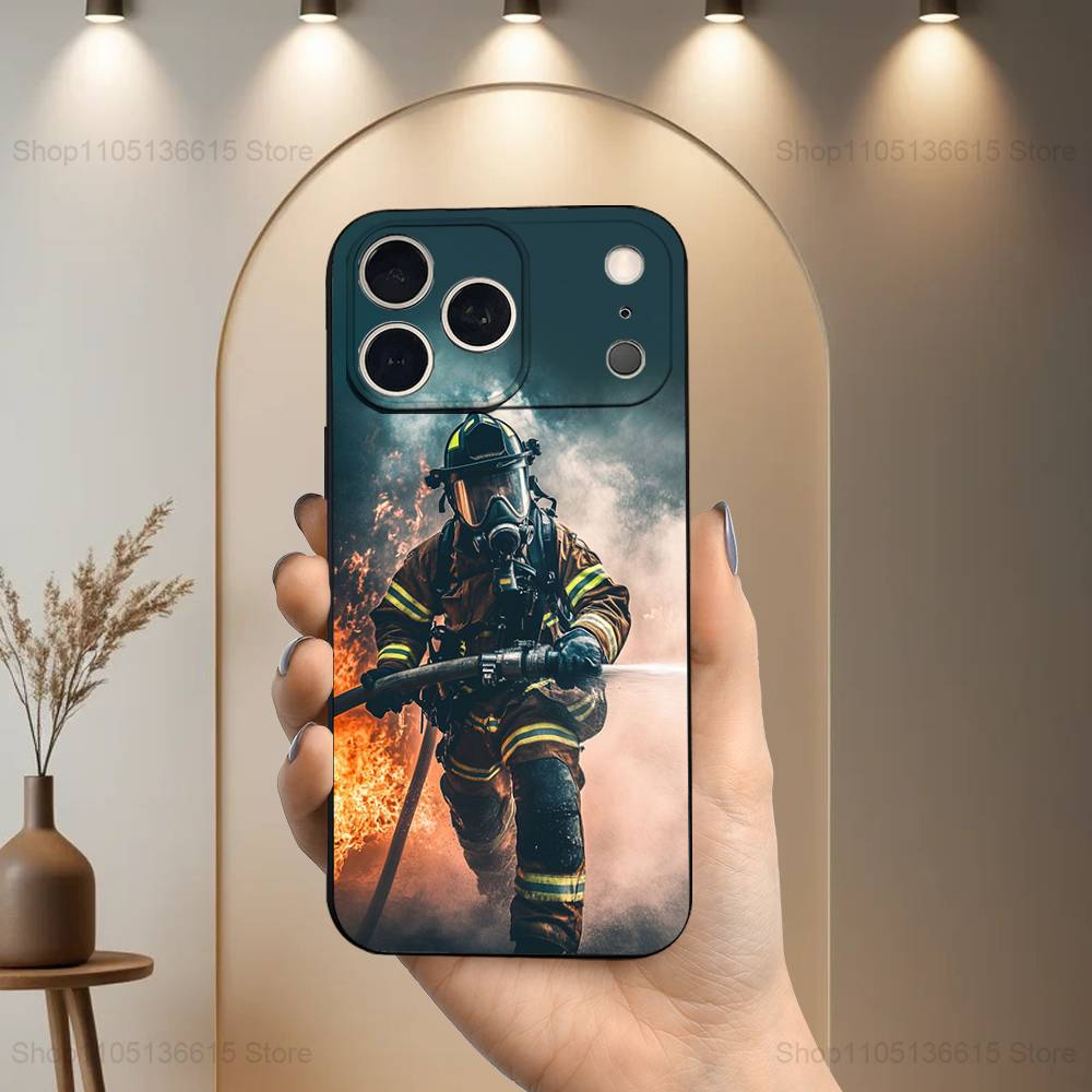 Fire Safety Firefighter Phone Case For iPhone 17,16,15,14,13,12,11 Plus,Pro Max,XS,X,XR,SE,Mini,8,7,Soft Silicone Black Cover
