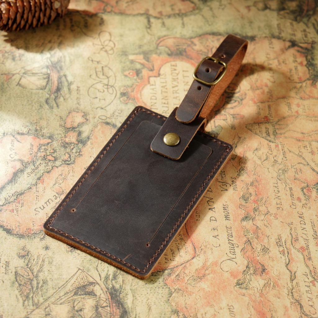 2025 Vintage Genuine Leather Luggage Tag Rectangle Travel Hang Tag Personalized Check-in Card Holder for Airplane/Business Trips