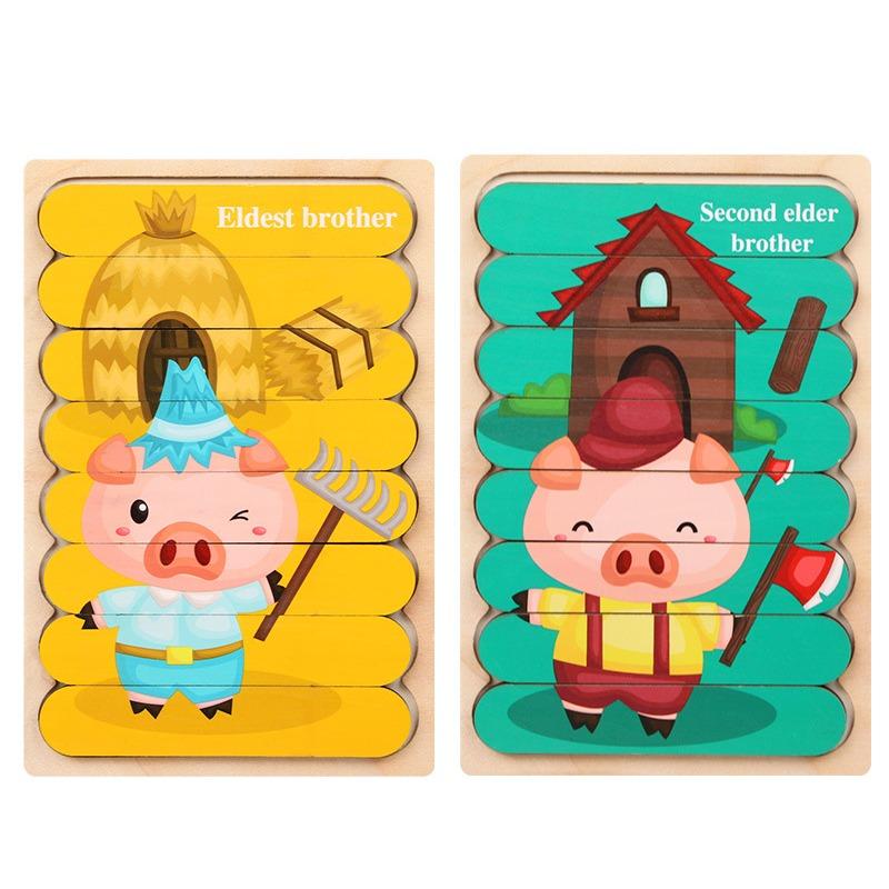 Kids New Wooden Two-sided Strip 3D Puzzles Wood Vehicle Fruit Jigsaw Puzzle Toy for Children Baby Learning Educational Toys Gift